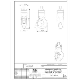 G-15-03 - Drahtseilhalter Gripper 15 Haken; geschmiedet; mit Aushngesicherung, vernickelt, max. Seil 1,5mm