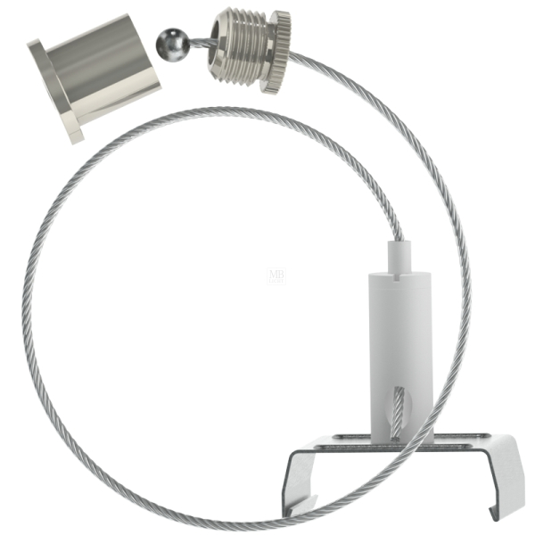 Abhängeset für Eutrac-Stromschienen; weiß; bestehend aus Deckenbefestiger mit Kappe (DK-002); Drahtseil Ø1,5mm Länge 3000mm (S15-30-K5), Drahtseilhalter (G-15-16)