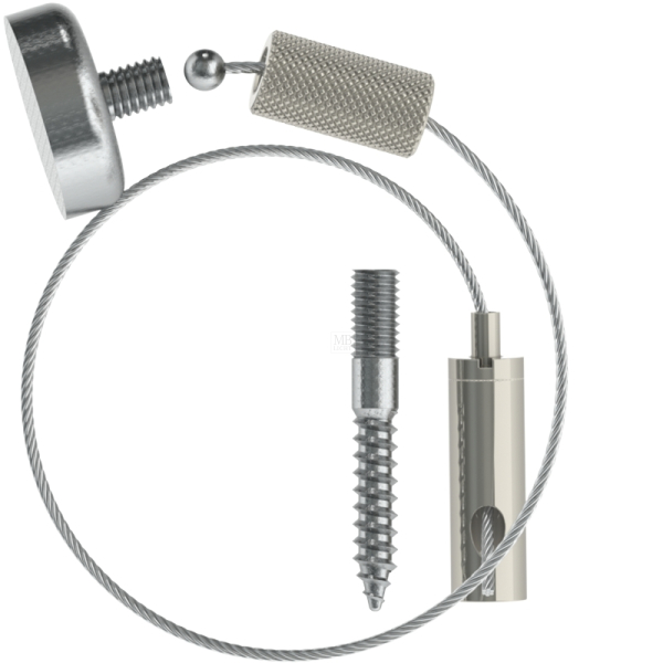 Abhängeset für magnetisierbare Decken, Topfmagnet Haftkraft 22kg, Kappe K-008, Drahtseil ø 1,5mm, L= 1500mm, Gripper  mit Stockschraube M4