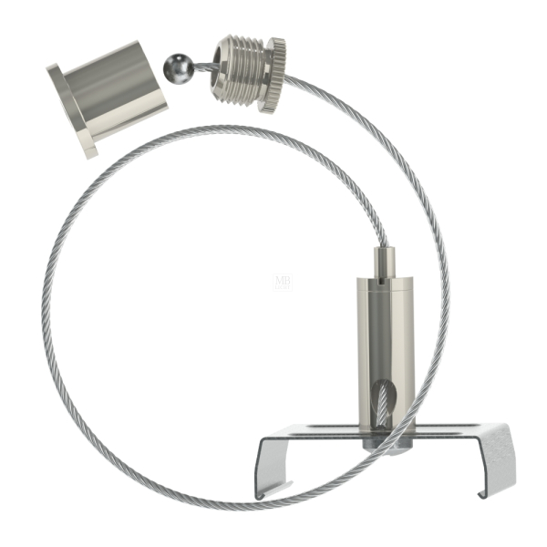 Abhängeset für Stromschienen Ivela (eckige Stromschiene) vernickelt, bestehend aus Deckenbefestiger mit Kappe (DK-002); Drahtseil ø1,5mm, Länge=1500mm, Drahtseilhalter G-15-22, außengreifend