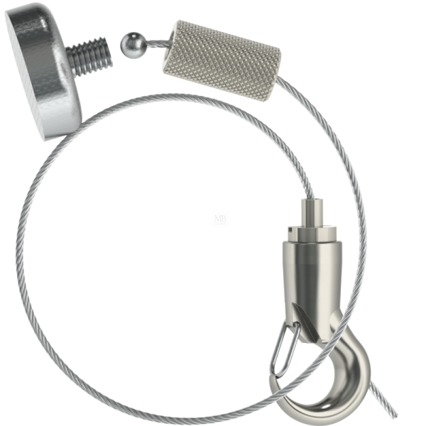 Abhängeset für magnetisierbare Decken, Topfmagnet Haftkraft 22kg, Kappe K-008, Drahtseil ø 1,5mm, L= 5000mm, Haken-Gripper
