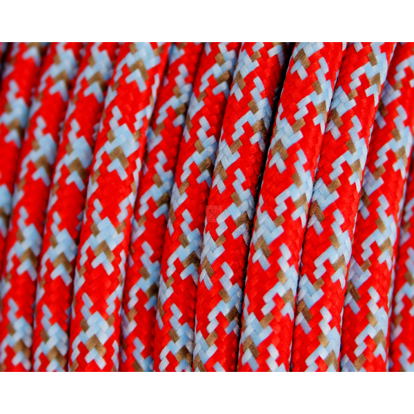 Textilkabel / Stoffkabel 3x0,75 mm² | Rund Muster Rätsel Rot Hellblau