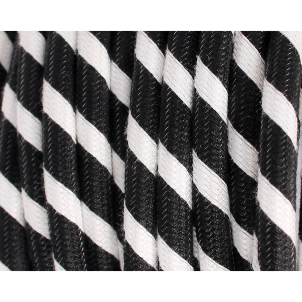 Textilkabel / Stoffkabel 3x0,75 mm² | Rund Fantasia Abaca Doppelt Gestreift Schwarz Weiß