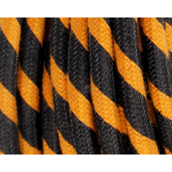 Textilkabel / Stoffkabel 3x0,75 mm² | Rund Fantasia Abaca Doppelt Gestreift Schwarz-Orange