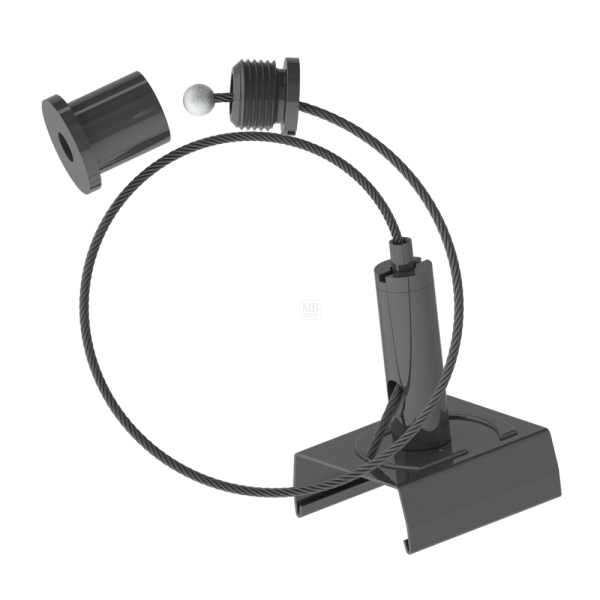 Abhängeset für Global-Stromschienen;schwarz beschichtet; bestehend aus Deckenbefestiger mit Kappe (DK-002); Drahtseil Ø1,5mm, schwarz, Länge 3000mm (S15-30-K5sw), Drahtseilhalter (G-15-07)