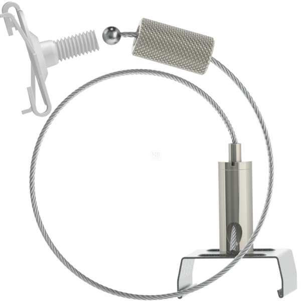 Abhängeset an Rasterdecken für Global-Stromschienen;weiß; bestehend aus Deckenclip mit Kappe (DC-001 + K-008); Drahtseil ø1,5mm Länge 1500mm (S15-15-K5), Drahtseilhalter (G-15-06)