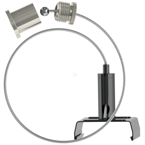 Abhängeset für Eutrac-Stromschienen; schwarz; bestehend aus Deckenbefestiger mit Kappe (DK-002); Drahtseil Ø1,5mm Länge=2500mm (S15-25-K5), Drahtseilhalter (G-15-17)