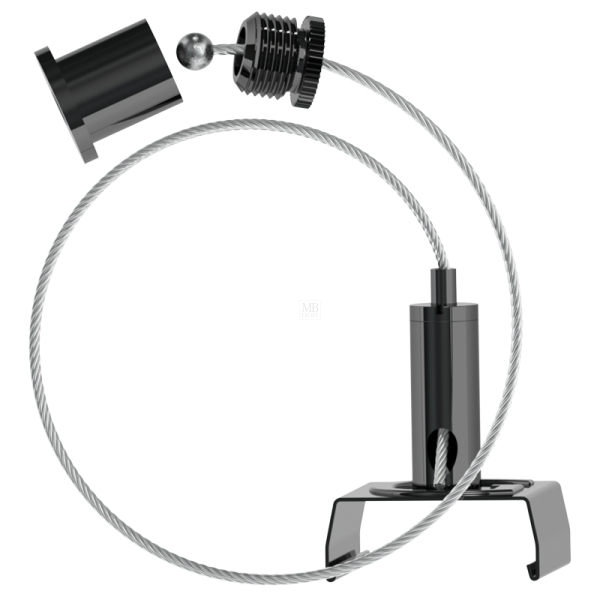 Abhängeset für Global-Stromschienen;schwarz beschichtet; bestehend aus Deckenbefestiger mit Kappe (DK-002s); Drahtseil Ø1,5mm Länge 13000mm (S15-130-K5), Drahtseilhalter (G-15-07)