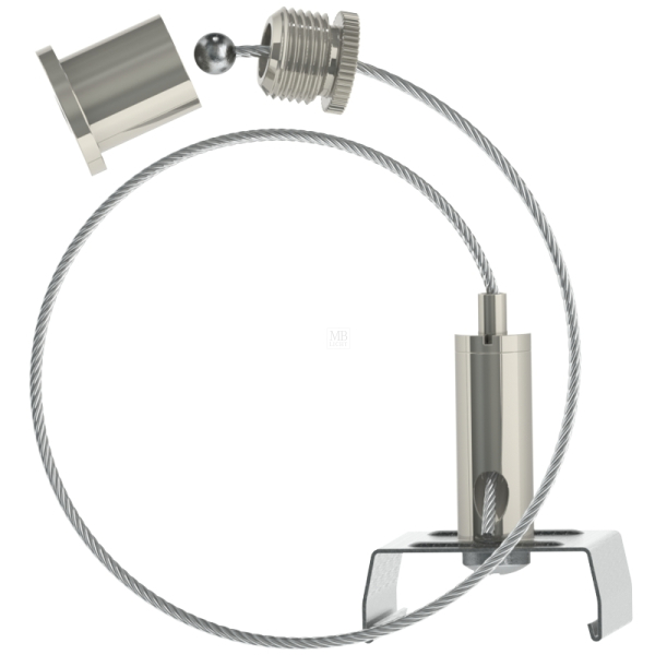 Abhängeset für Global-Stromschienen;vernickelt; bestehend aus Deckenbefestiger mit Kappe (DK-002); Drahtseil Ø1,5mm Länge 1500mm (S15-15-K5), Drahtseilhalter (G-15-05)